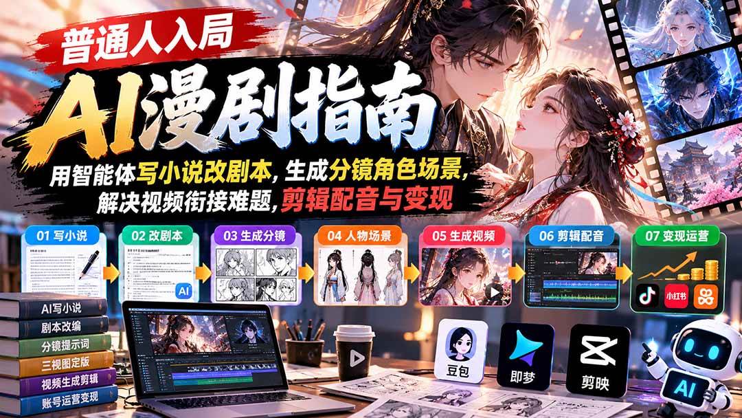 (21033期)【无水印】普通人入局AI漫剧指南:用智能体写小说改剧本,生成分镜角色场景,解决视频衔接难题,剪辑配音与变现-离锋创库