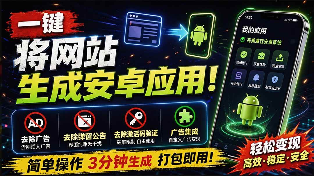 (20305期)目前最好用,一键将网站生成安卓应用!支持去除广告、弹窗公告、激活码验证、广告集成等 web-to-app-离锋创库