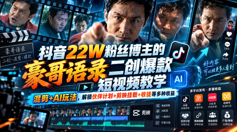 【精】抖音22W粉丝博主的豪哥语录二创爆款短视频教学,混剪+AI玩法-离锋创库